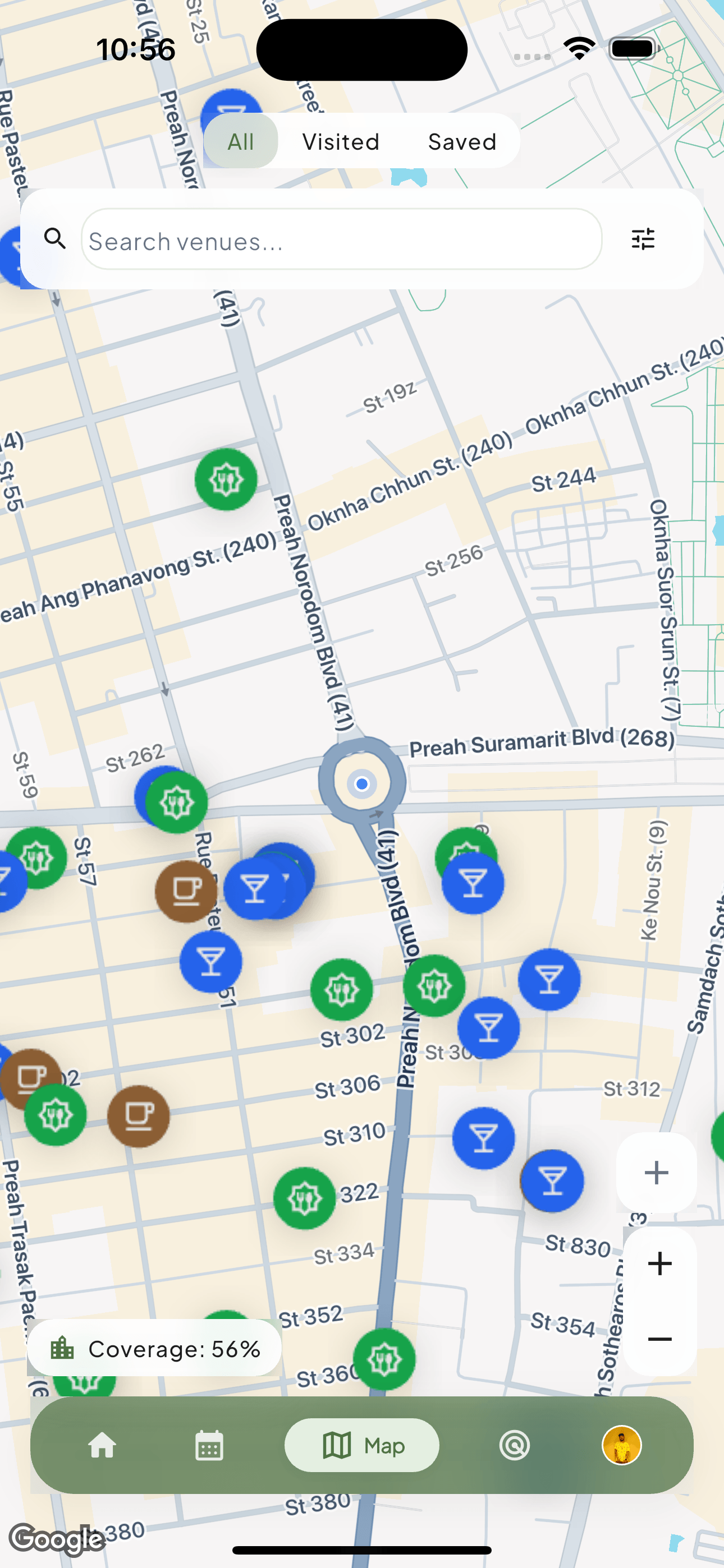 City discovery map view in NomNote