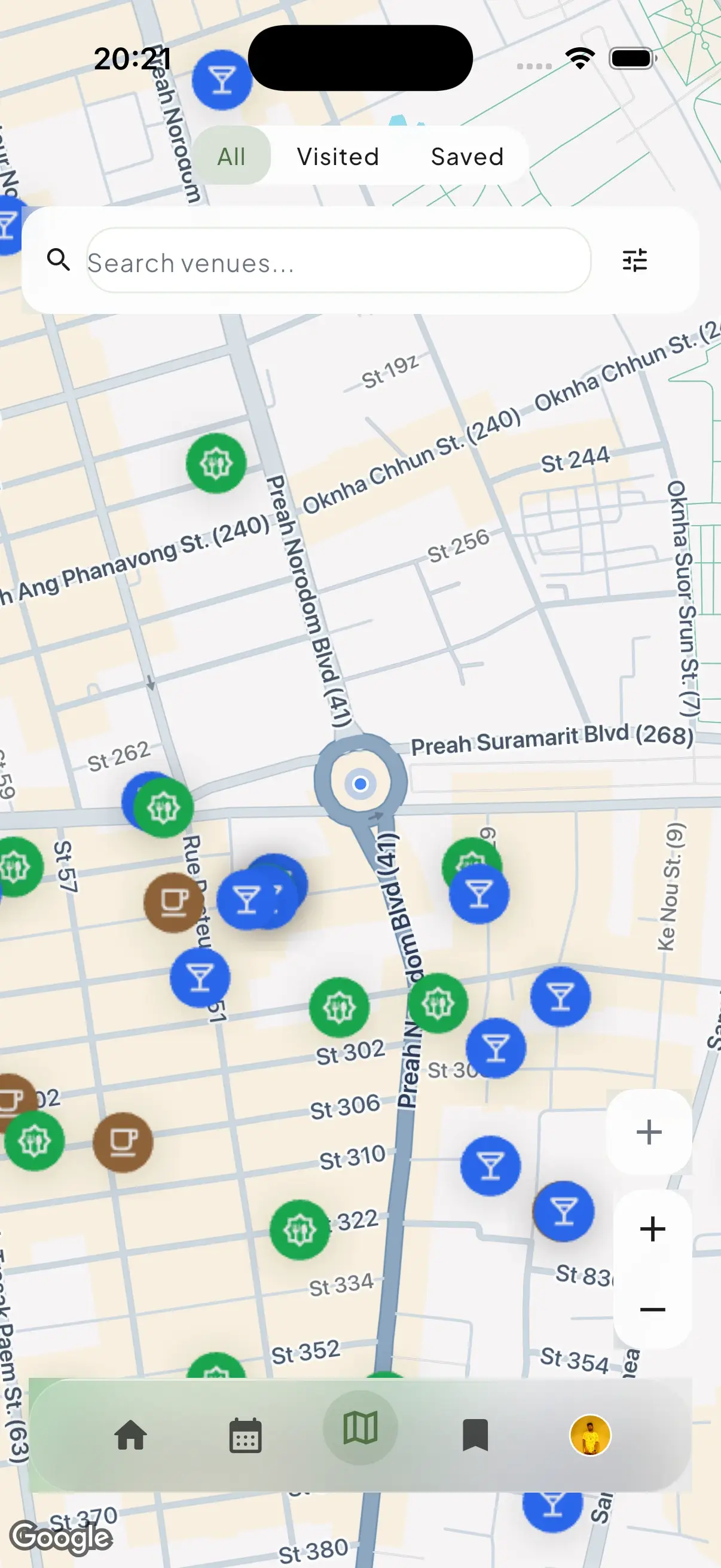 City discovery map view in NomNote