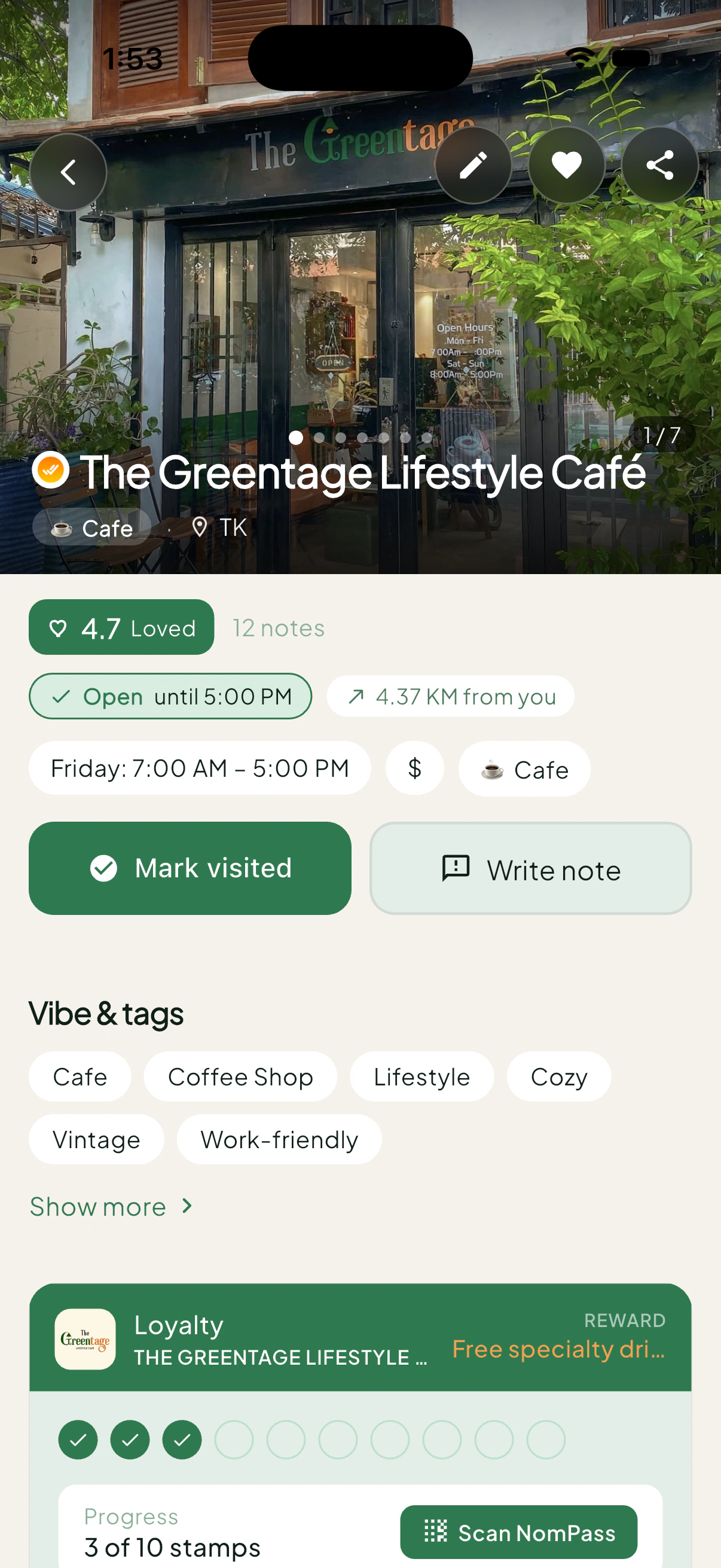 NomNote loyalty stamps screen